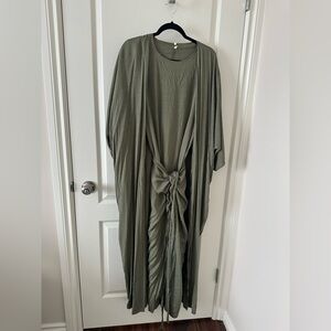 Three piece wrap skirt abaya set with 3/4 sleeves in olive green.